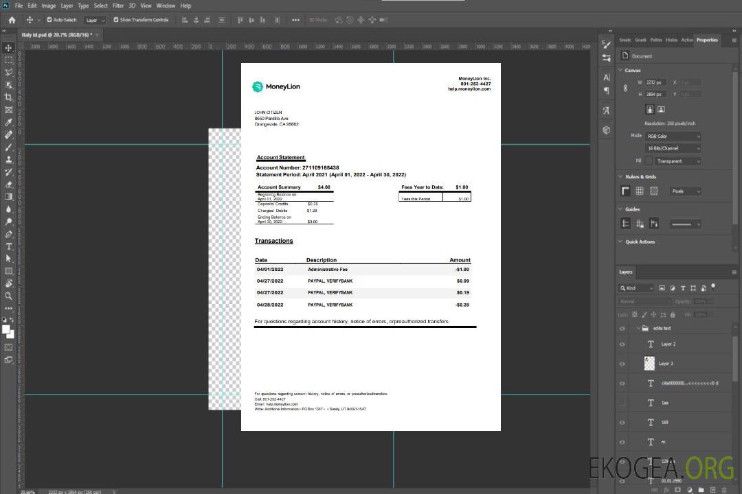 Relevé bancaire MoneyLion États-Unis Californie template Relevé bancaire MoneyLion États-Unis Californie template